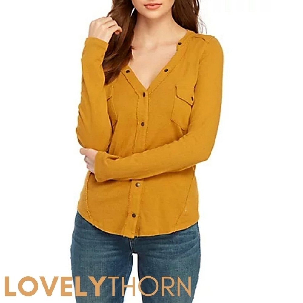 FREE PEOPLE // long sleeve plunge snap button flap pocket woven knit henley - Picture 11 of 16